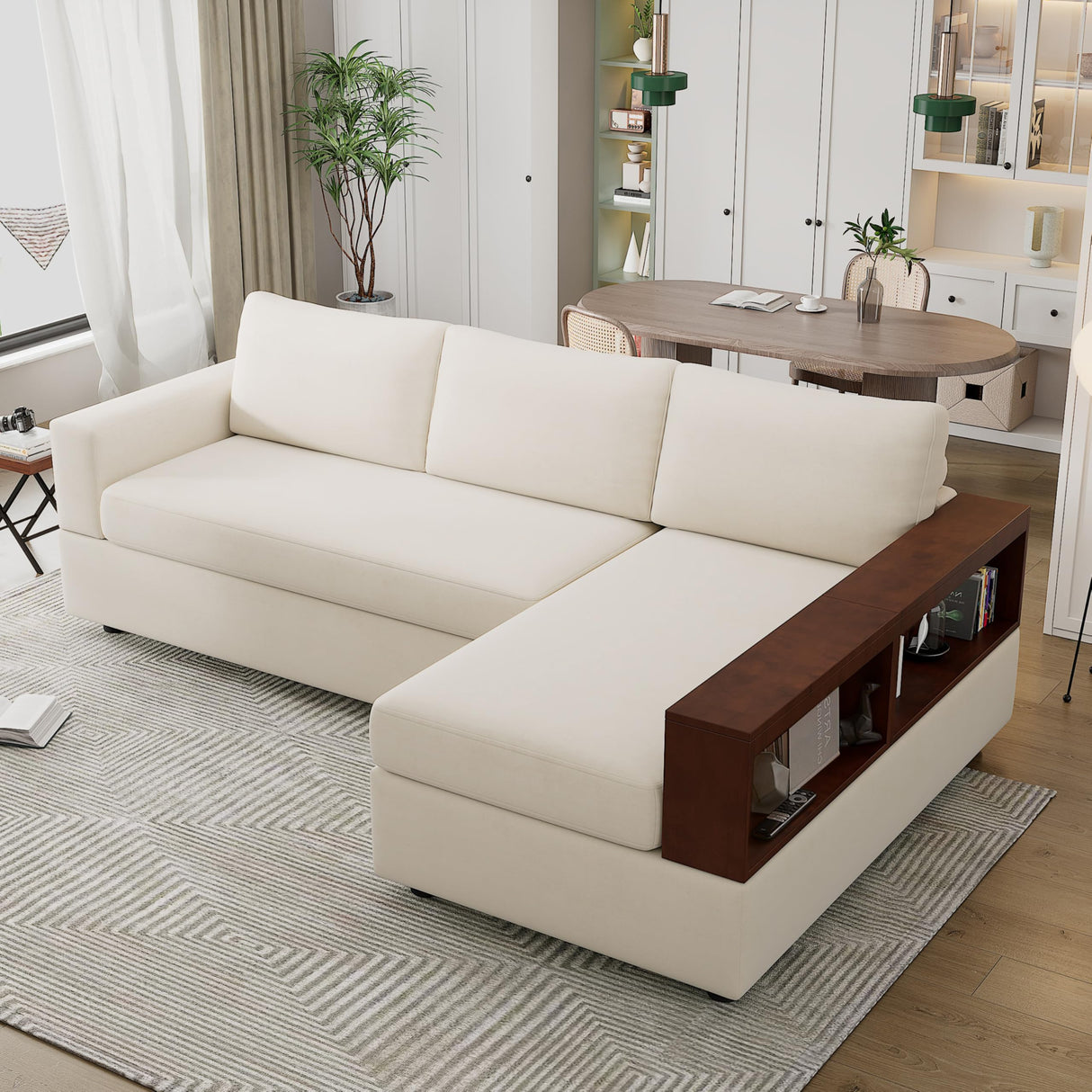 Christopher Knight Home Davinz 87.4" L-Shaped Sectional Sofa, Chenille 3 Seater Couch, Sectional Couches with Chaise Lounge, Upholstered Sofa Couch with Reversible Armrests for Living Room, Beige Christopher Knight Home