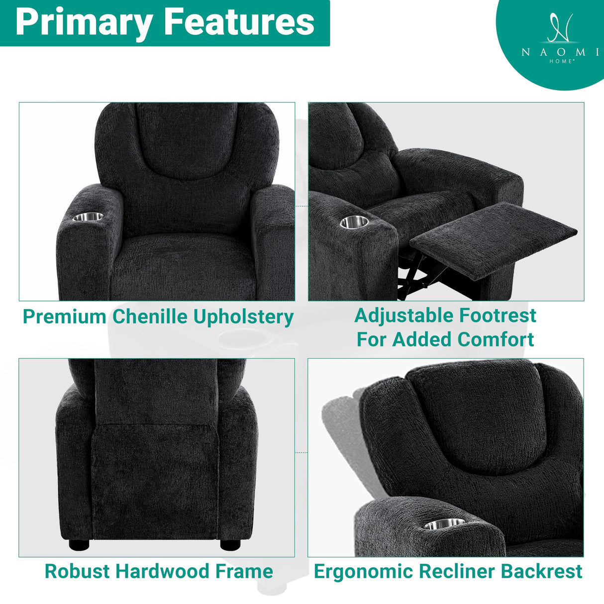 Naomi Home Suri Kids Recliner Chair with Cup Holder & Footrest, Black Chenille - Cozy Lounge for Toddlers & Children Naomi Home