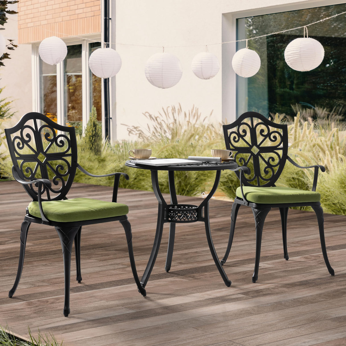 NUU GARDEN Outdoor 3-Piece Bistro Set with Cushions, Round 24 Inch Cast Aluminum Bistro Table with 2.17" Umbrella Hole, 2 Cast Aluminum Bistro Chairs, for Patio, Garden, Backyard and Balcony, Black NUU GARDEN