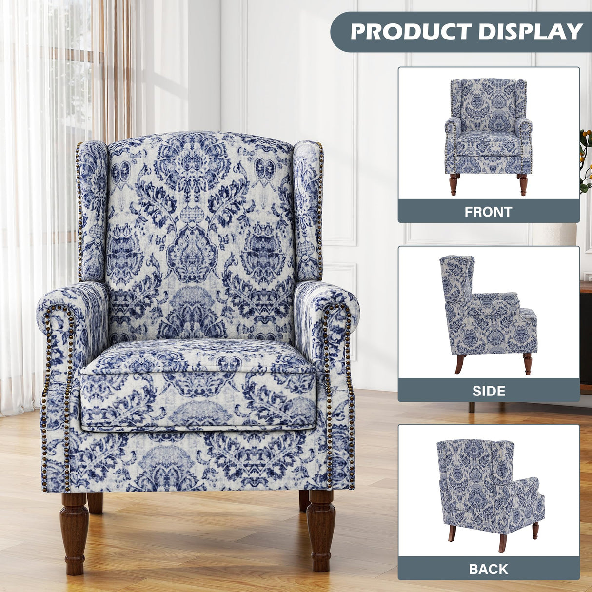 UIXE Floral Accent Chair, High Back Pattern Arm Chair for Living Room, Traditional Fabric Armchair Comfy Upholstered Sofa Reading Seat with Nailhead Trim & Retro Wood Legs - Navy UIXE