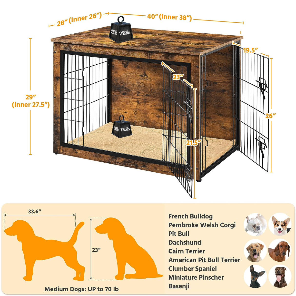 Yaheetech 40'' Dog Crate Furniture with Cushion Wooden Dog Crate with Double Doors/Adjustable Feet Side End Table for Small/Medium Dogs Yaheetech