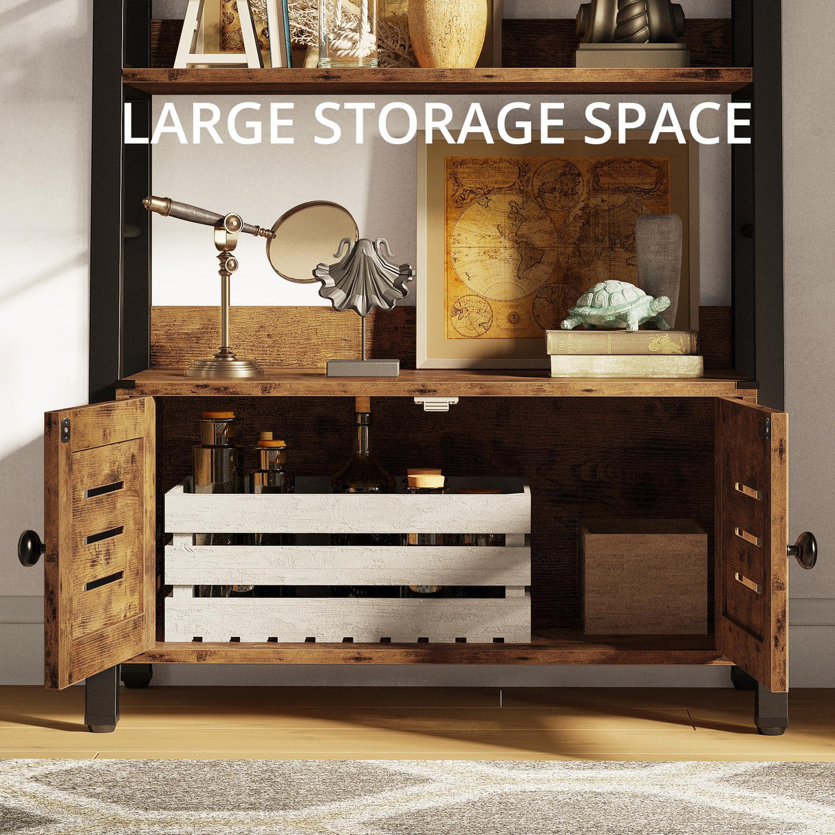 IRONCK Bookshelf with Louvered Doors, 3-Tier Ladder Shelf with Cabinet Industrial Accent Furniture for Bedroom Living Room Home Office, Rustic Brown IRONCK