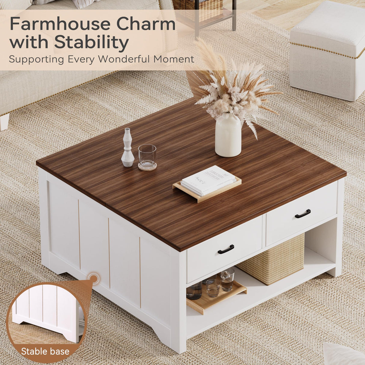 Vividwood Coffee Table Lift Top, Wood Tea Table with Big Open Storage, Square Coffee Tables for Living Room, Farmhouse Coffe Tables Rustic Center Table with 2 Drawers, Coffe White Vividwood