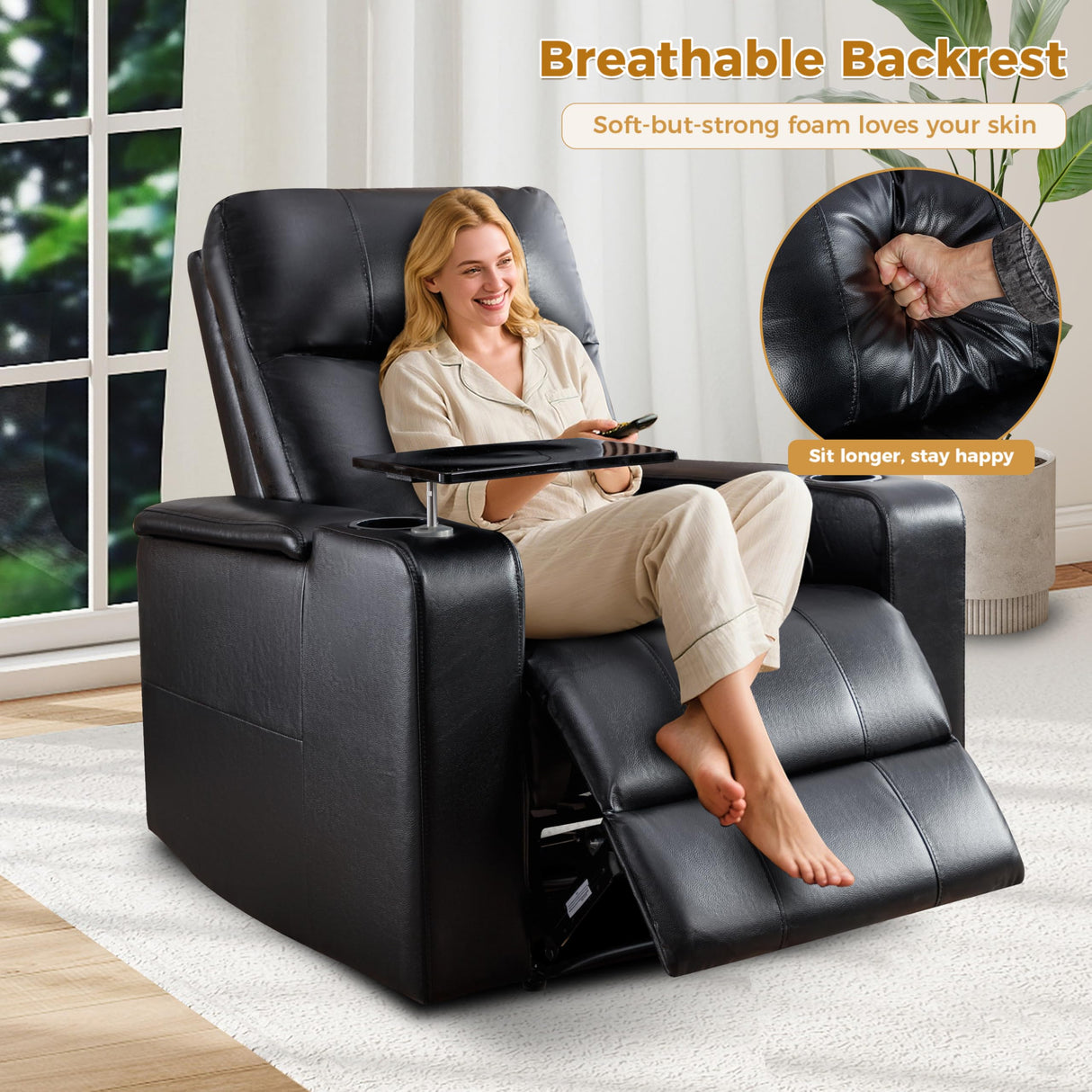 ANJ Black Power Recliner Chair Electric Home Theater Seating Soft Leather Movie Chair for Living Room Overstuffed Single Reclining Sofa with Hidden Arm Storage, Cup Holders and USB Ports (Black) ANJ