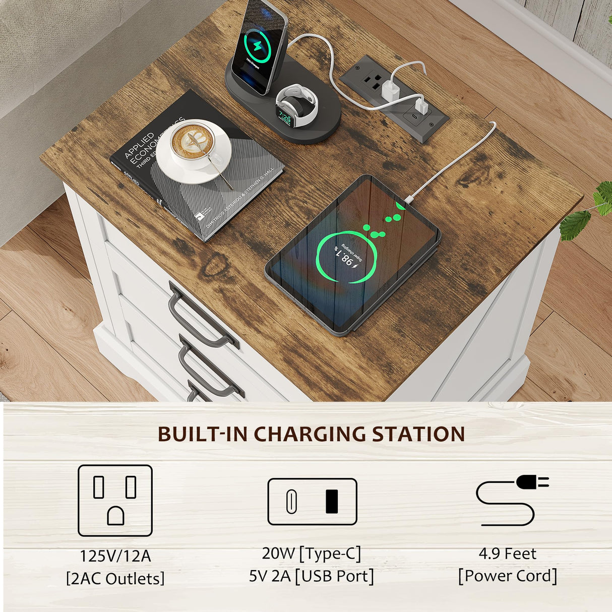 Whalefall Farmhouse Night Stand Set of 2, Large 3 Drawers Bedside Table with Charging Station, 22 inch Wide End Table for Bedroom, 2pcs White Whalefall