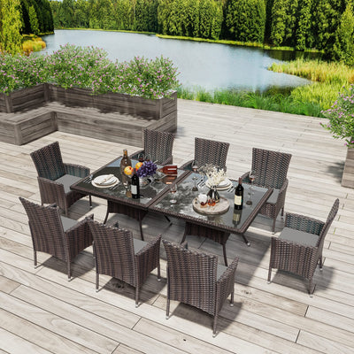 RTDTD 10 Pieces Patio Dining Set Outdoor Rattan Furniture Dinning Set with 2 Square Glass Tabletops 8 Chairs with Grey Cushions for Patio, Backyard Outdoor Kitchen Lawn & Garden