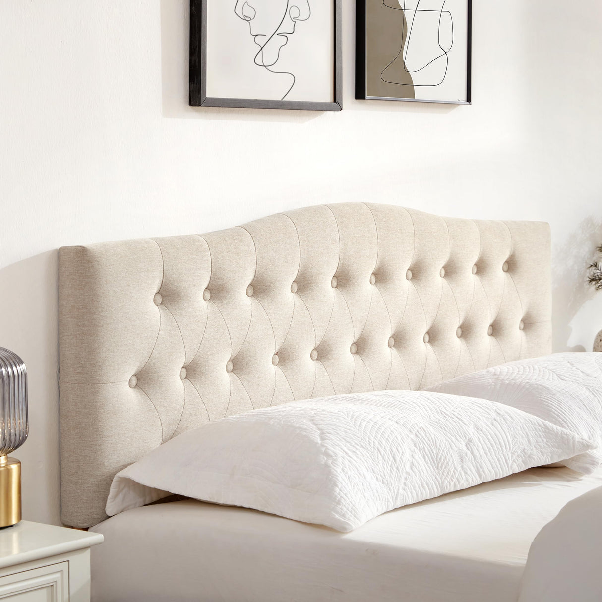 Huatean Home Tufted Upholstered Headboard Queen Size, Sturdy and Durable Solid Wood Bed headboard, Fabric Headboard Adjustable Height from 37” to 51”, Modern Button Diamond Design Head Board, Beige Huatean Home