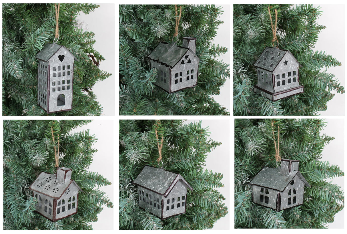 Sweet Summer Living Set of 6 Pieces Assorted Christmas Ornament, Village Houses, Farmhouse Decor, Tin Houses Galvanized Sweet Summer Living