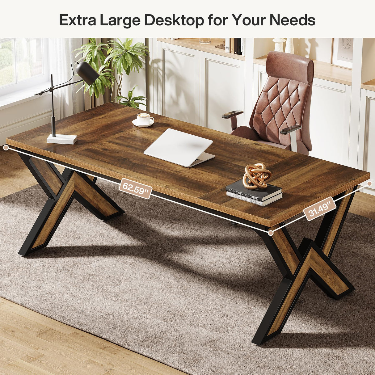 Tribesigns 63 Inches Large Office Desk, Modern Executive Computer Desk with Thickened Frame and Board, Executive Office Desk Workstation Business Office Furniture, Rustic Brown & Black Tribesigns