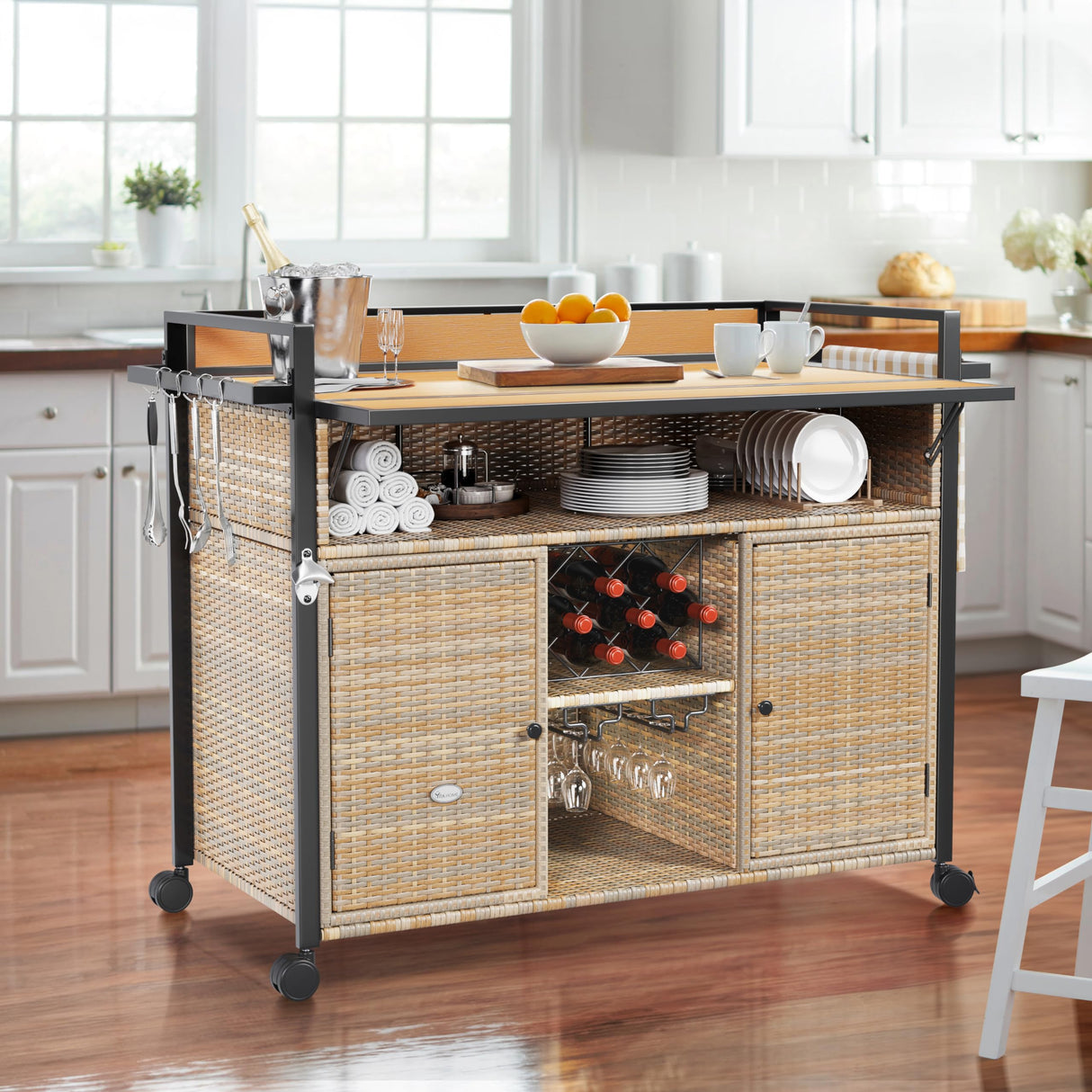 YITAHOME XL Rolling Outdoor Kitchen Cart with Wicker Storage and Expandable Table Top - Light Yellow Gradient YITAHOME