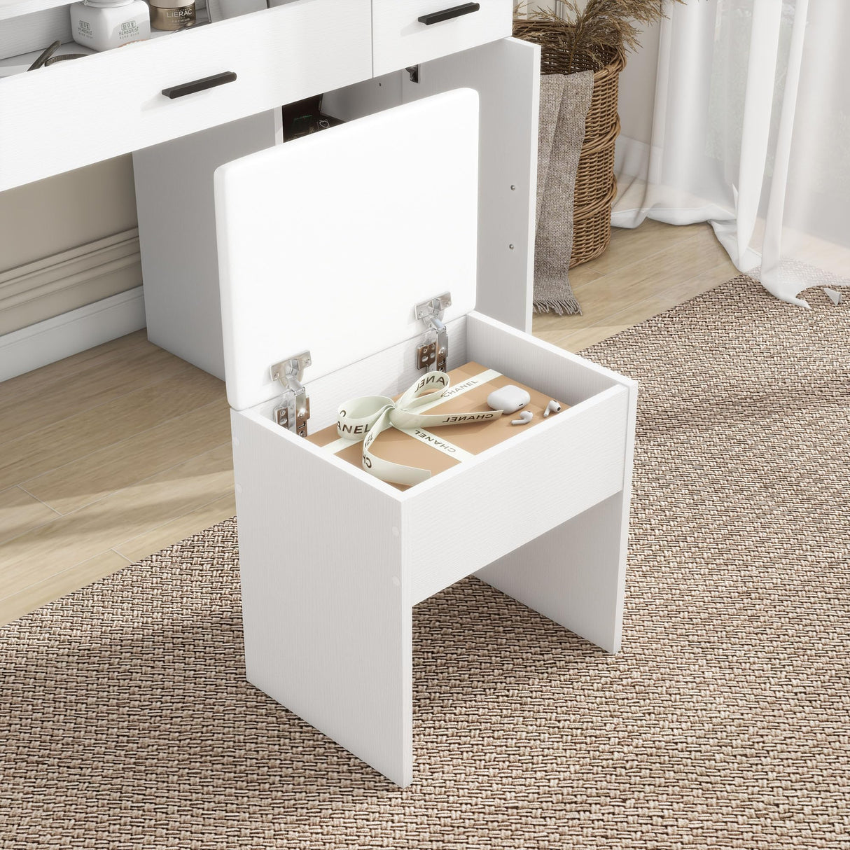 Vanity Desk, Makeup Table with Lights Vanity Set with 3 Drawers, 1 Cabinet & 6 Shelves 3 Lighting Modes Brightness Adjustable Dressing Table with Cushioned Stool for Bedroom, Dressing Room (White) Panana