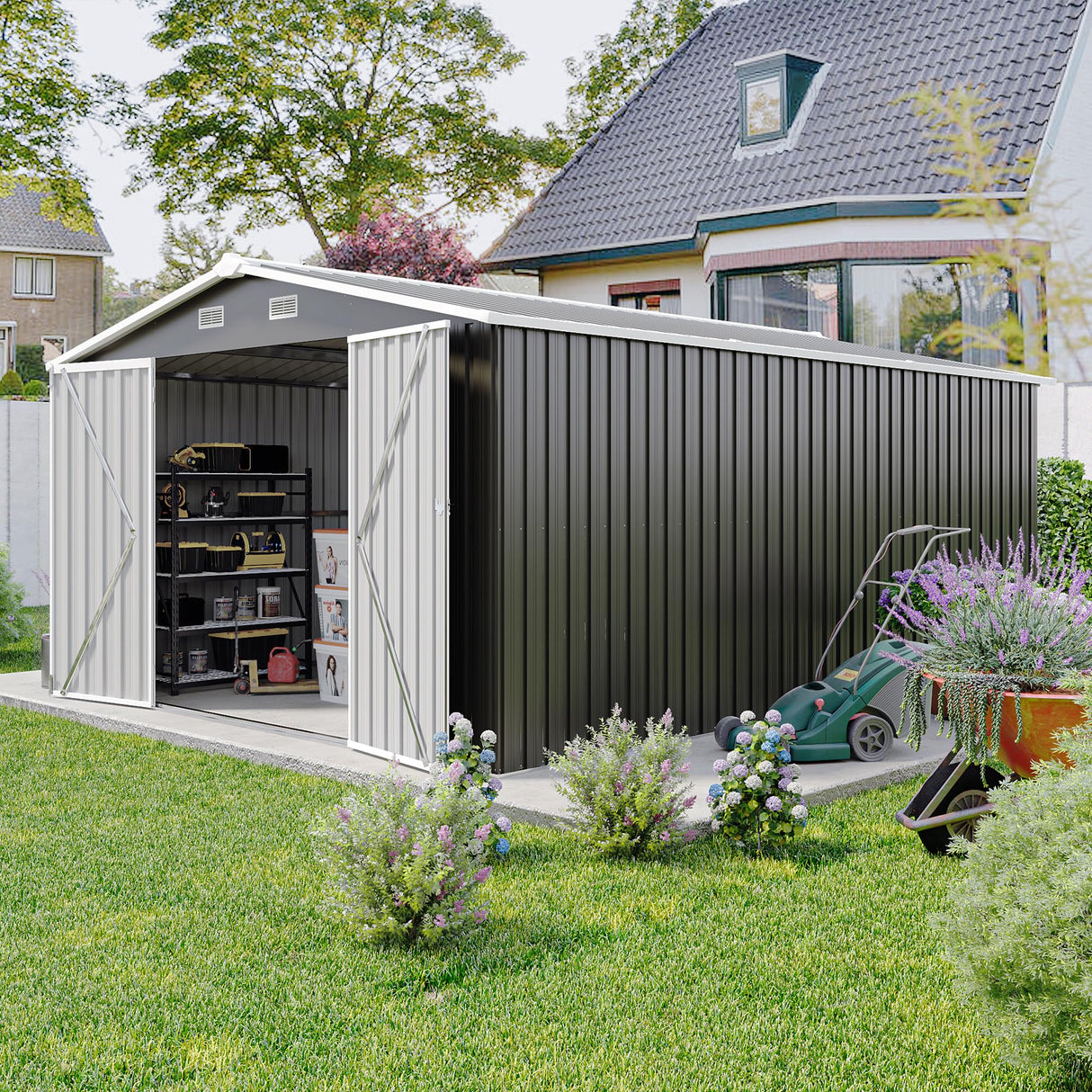 YOPTO 10x14 FT Outdoor Storage Shed, Extra Large Metal Garden Shed with Waterproof Roof, 4 Vents and 3 Lockable Doors,All-Weather Tool Shed Storage House for Backyard, Patio, Lawn,Dark Grey YOPTO