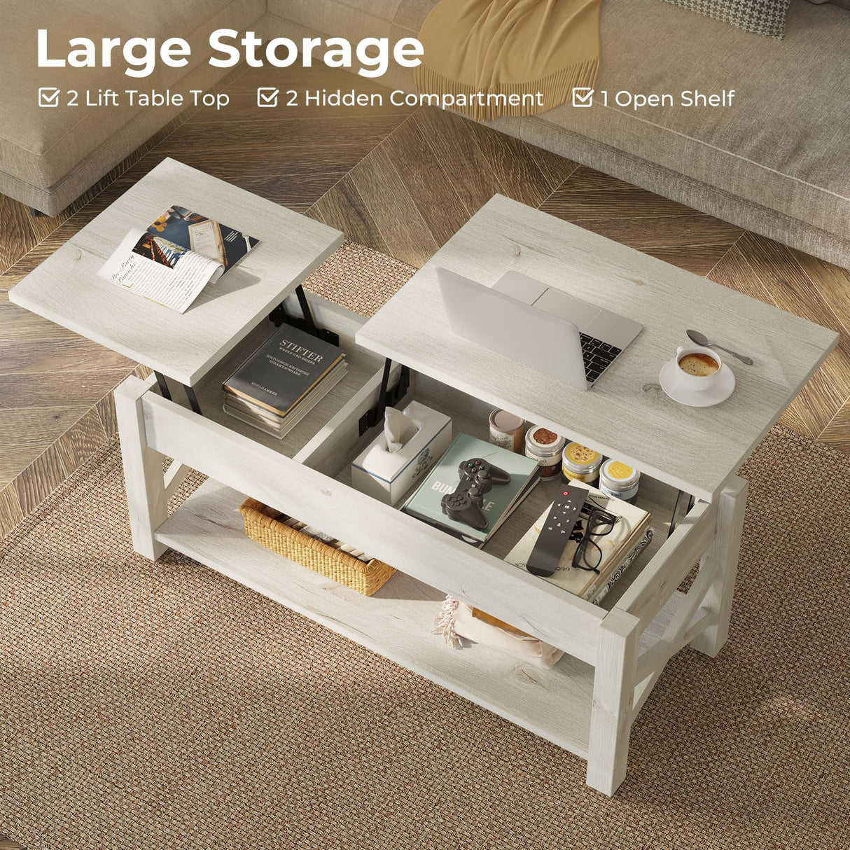 Rolanstar 47.2" Lift Top Coffee Table with Hidden Compartment, 2 Way Lift Top Coffee Table with Open Shelf & X Wooded Support, Farmhouse Center Table for Living Room, Grey Rolanstar