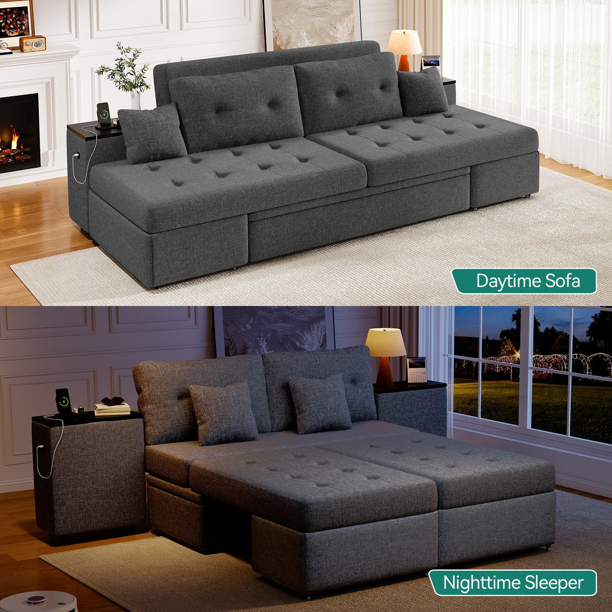 DWVO Queen Size Sofa Bed, 5-in-1 Multi-functional Convertible Sleeper Sofa with 2 Storage Cabinet Nightstand & USB Ports, 100" Sectional Sofa Couch with 2 Comfy Pillows for Living Room Apartment, Grey DWVO