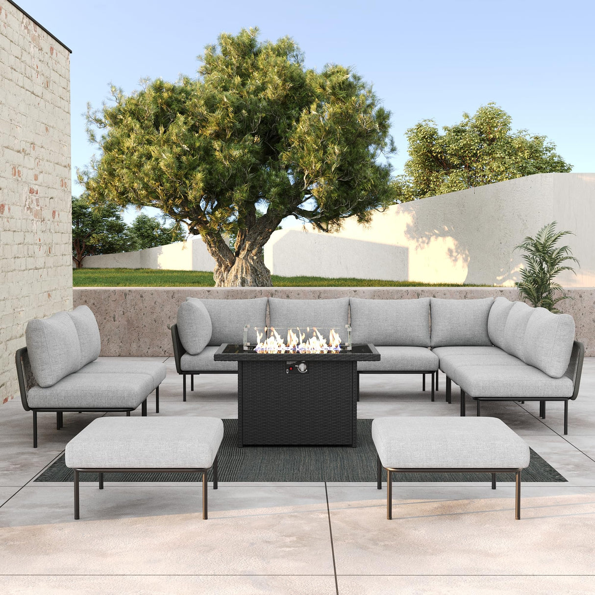 LayinSun 11 Pieces Aluminum Patio Furniture Set, Modern Modular Sectional Sofa with Fire Pit Table and Upgrade Thickness Cushion LayinSun