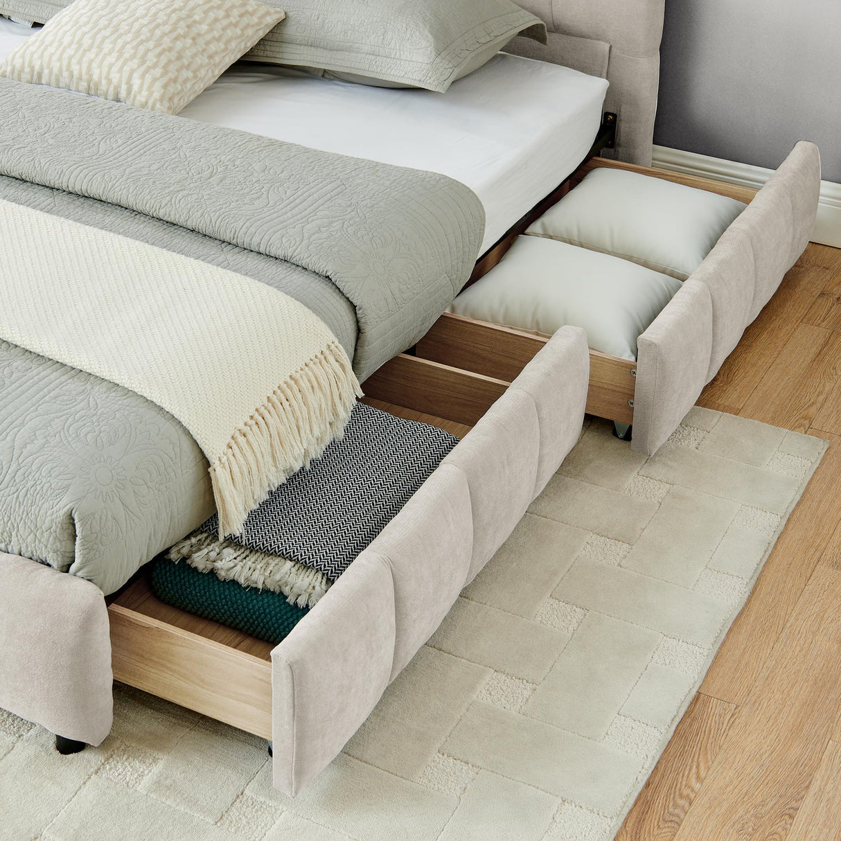 California King Cloud Bed Frame with Storage Drawers, Soft Padded Headboard Tufed Upholstered Low to Ground Floor Bed Marshmallow Bubble with Wood Slats No Box Spring Need, Noise-free(Beige Chenille) Deolme