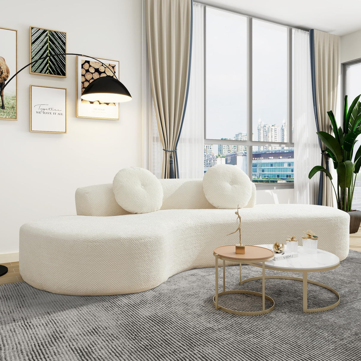 106'' Oversize Sponge Curved Sofa,Modern Minimalist Corduroy Anti-Wrinkle Sofa,Cloud Couch 3-Seater Couch w/2 Pillows (Beige) BUIORD