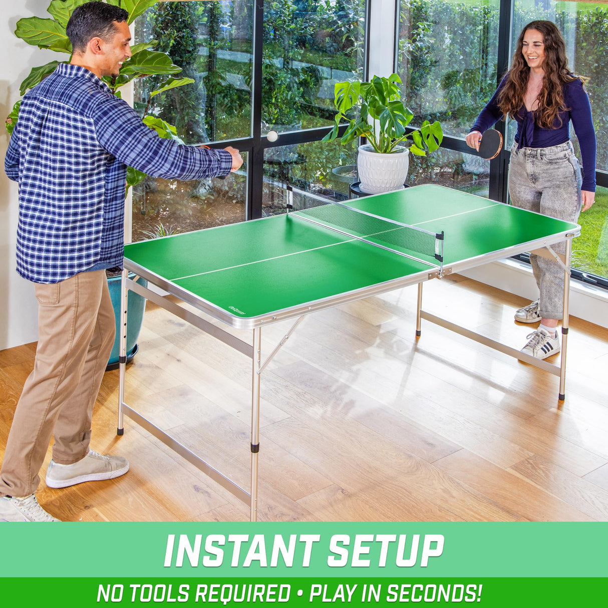 GoSports 6 x 3 ft Mid-Size Table Tennis Table Set with Adjustable Height - Green GoSports
