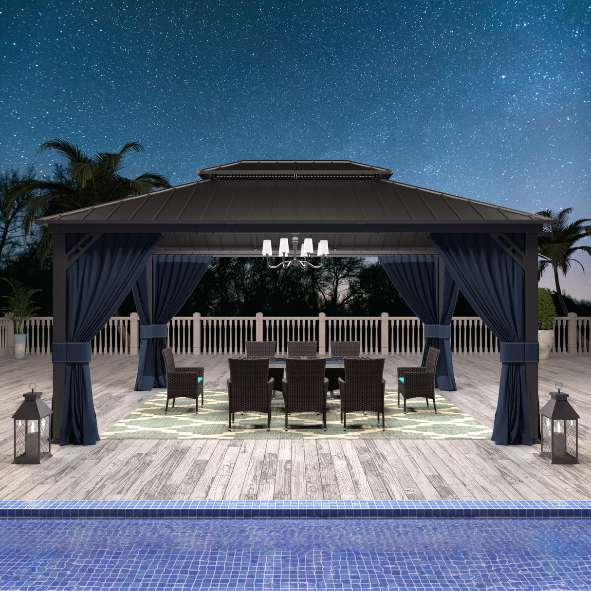 Gotland 2024 New 12' x 16' Hardtop Gazebo, Outdoor Iron Metal Double Roof Pergola with Curtains and Netting for Patio, Garden, Lawn, Navy Gotland