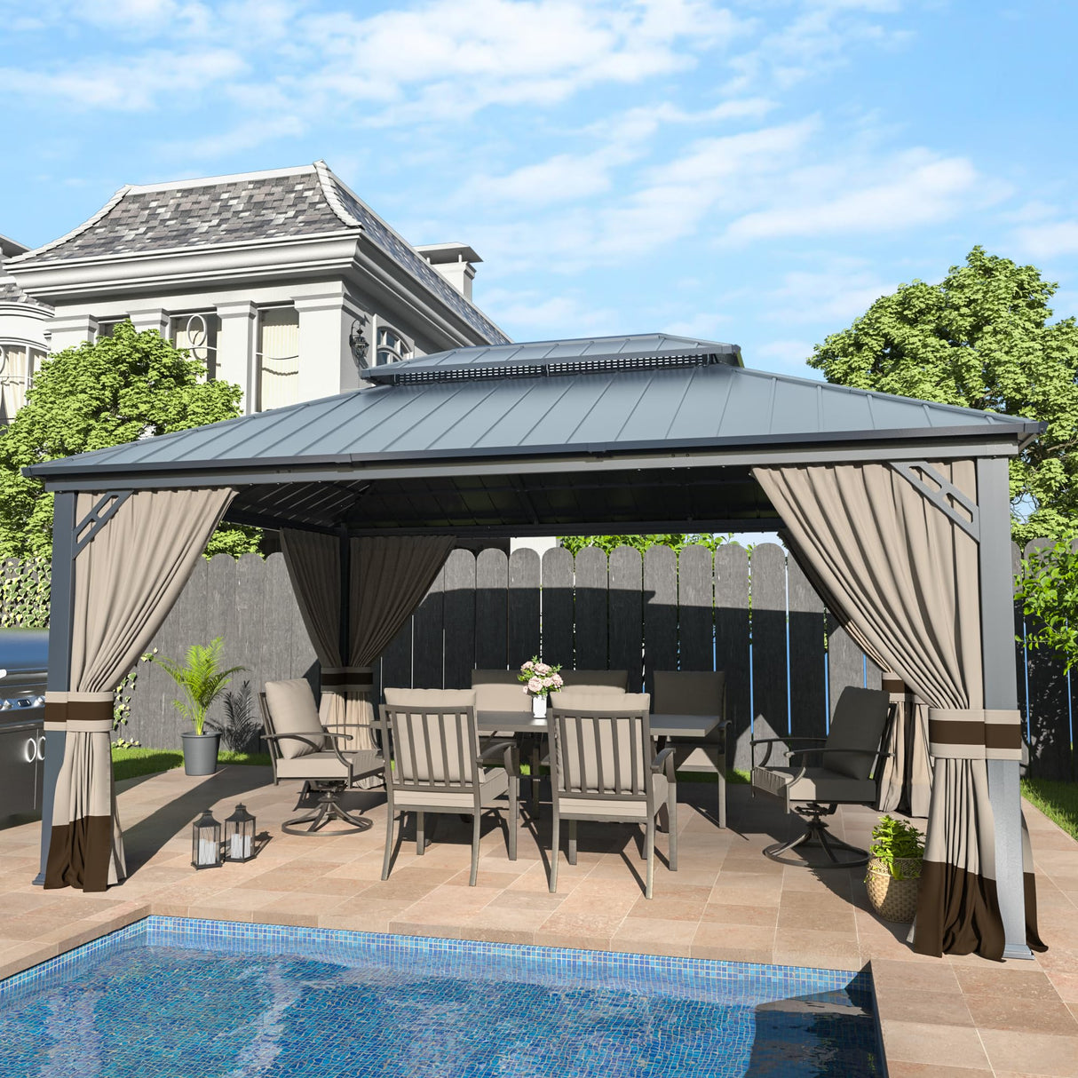 12' x 16' Hardtop Gazebo,Outdoor Galvanized Steel Metal Double Roof Gazebo with Curtains and Netting for Patios, Gardens, Lawns,Khaki Kullavik