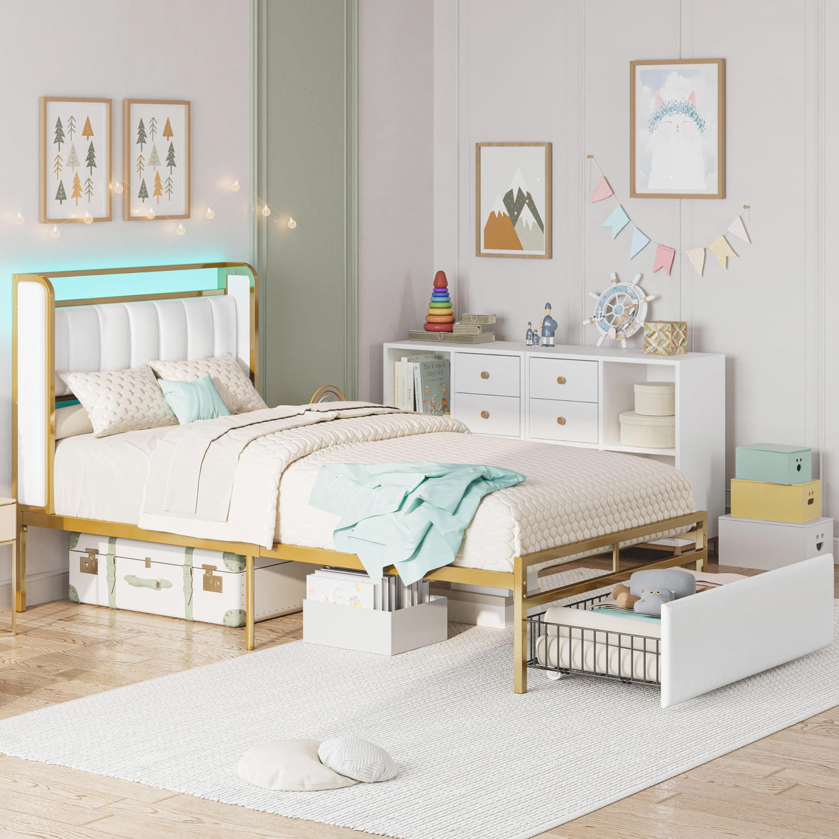 LIKIMIO Twin Size Bed Frame with Armrests Headboard & RGB Light, Upholstered Twin Size Bed Platform with Drawers, No Box Spring Needed, Study & No Noise, Modern Gold and White LIKIMIO