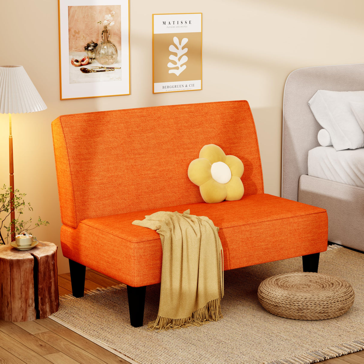 Changjie Furniture Small Loveseat Sofa Upholstered Mini Couch for Small Spaces 2-Seater Sofa Couch with Wooden Legs for Bedroom Living Room (Orange) Changjie Furniture