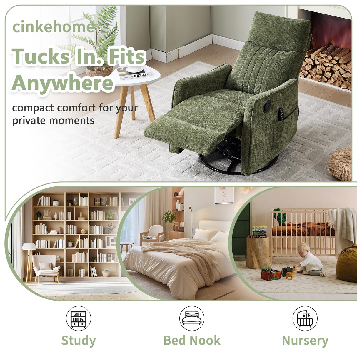 cinkehome Swivel Rocker Recliner, Glider Rocking Recliner Chair for Nursery, Manual Reclining Chair with Heated Massage, Small Spaces, Living Room, Olive Green Chenille cinkehome