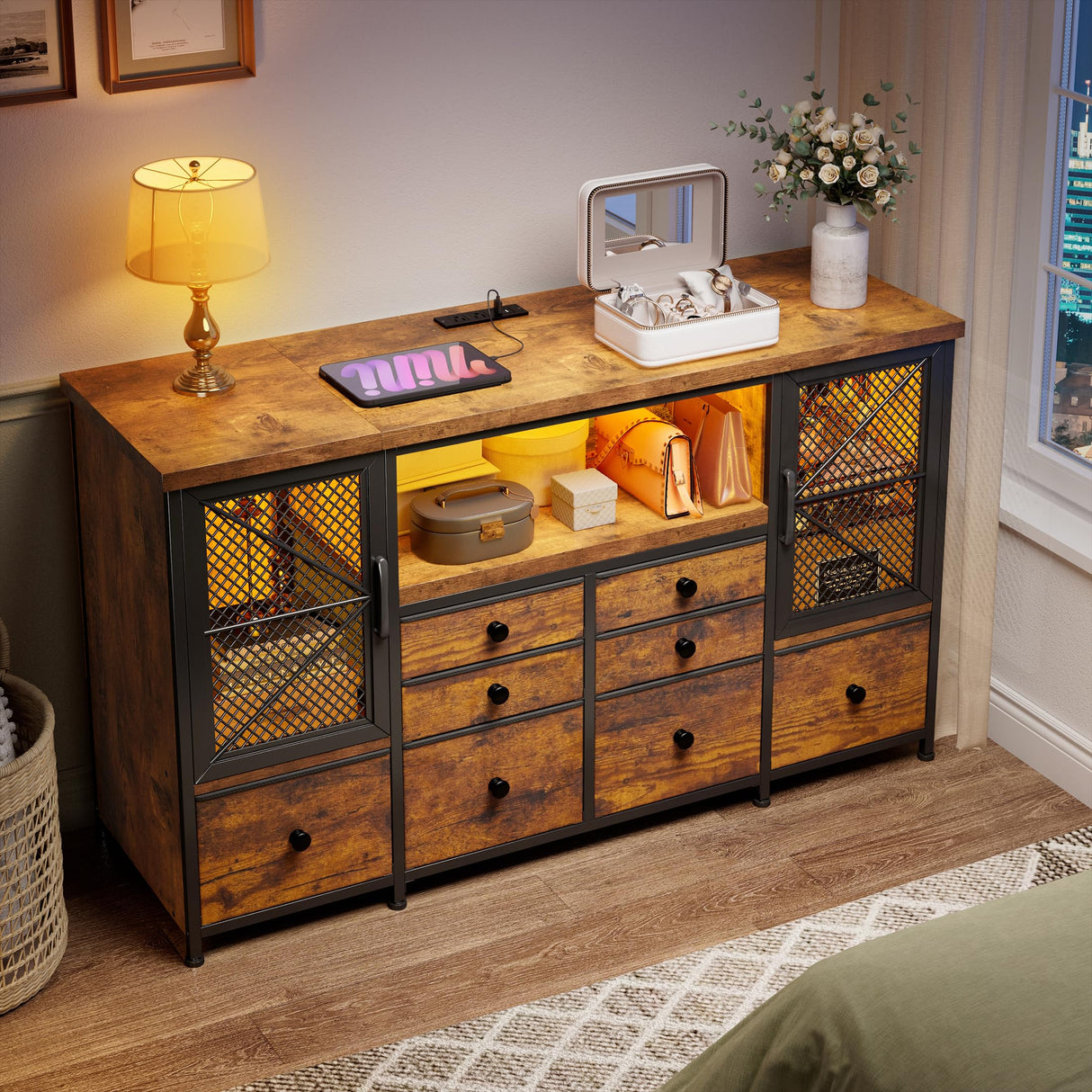 EnHomee Dresser for Bedroom with Power Outlets & LED Lights,49.2" W Bedroom Dresser for 60" TV Stand,Mesh Door,8 Drawers & 2 Large Cabinet,Chests of Drawers for Bedroom,Closet,Entryway,Rustic Brown EnHomee