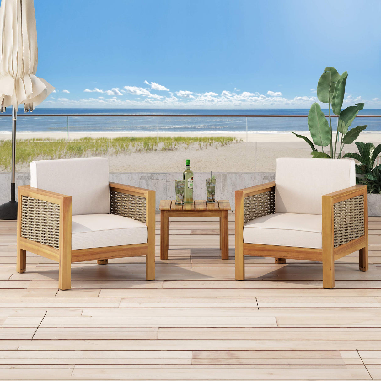 Christopher Knight Home Judith Outdoor Acacia Wood Club Chair with Wicker Accents (Set of 2), Teak Finish + Mixed Brown + Beige Christopher Knight Home