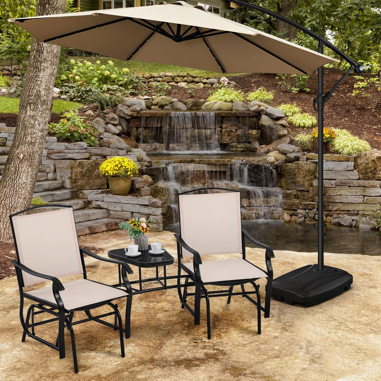 Yaheetech Outdoor Glider Chairs with Glass Table Rocking Chairs, Outdoor Loveseat Patio 2-Seat with Breathable Sling Fabric for Lawn, Garden and Porch, Beige Yaheetech