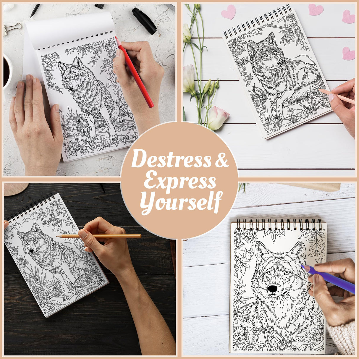 Netecom Wolf Coloring Book Spiral Bound for All Ages, A5 Wooden Cover, 30 Amazing Wolves Coloring Pages of Natural Habitats for Stress Relief and Relaxation Netecom