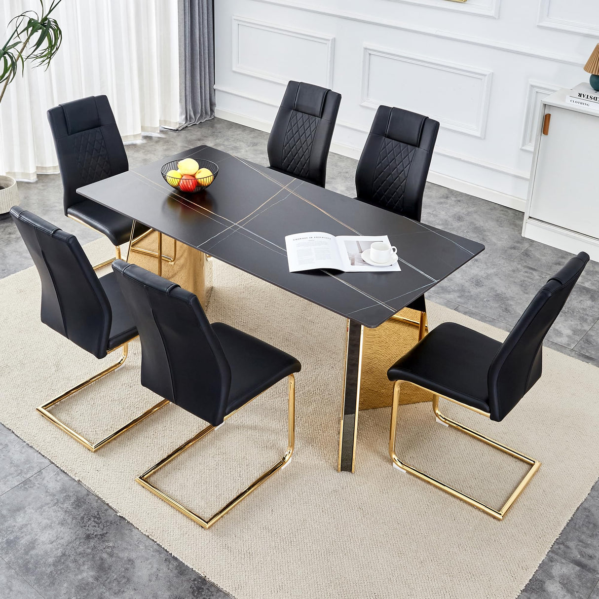 TesNus 7 Pieces Dining Table Set,63" Marble Kitchen Room Table with 6 Black Chairs,Rectangle Sintered Stone Top with Gold Legs,Large Dining Set for 6 Person for Kitchen Dining Room TesNus