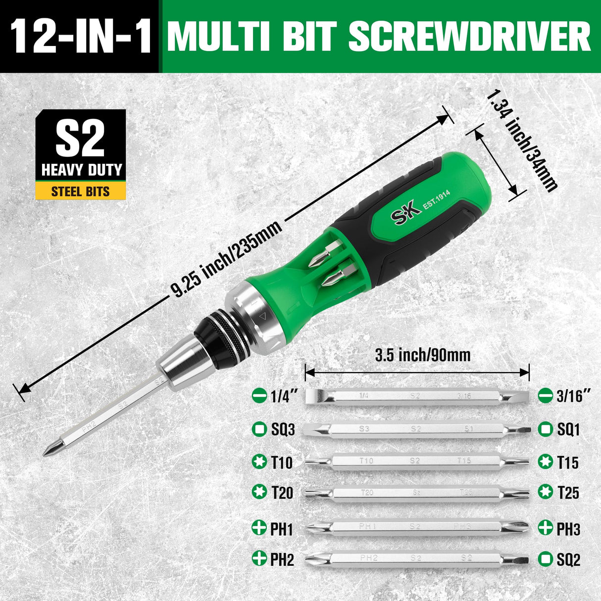 SK 12-in-1 Ratcheting Screwdriver, 216-P, Multi-bit Driver with Quick-Load Mechanism, S2 Steel, with Phillips, Slotted, Star, Square Bits Stored in Handle SK