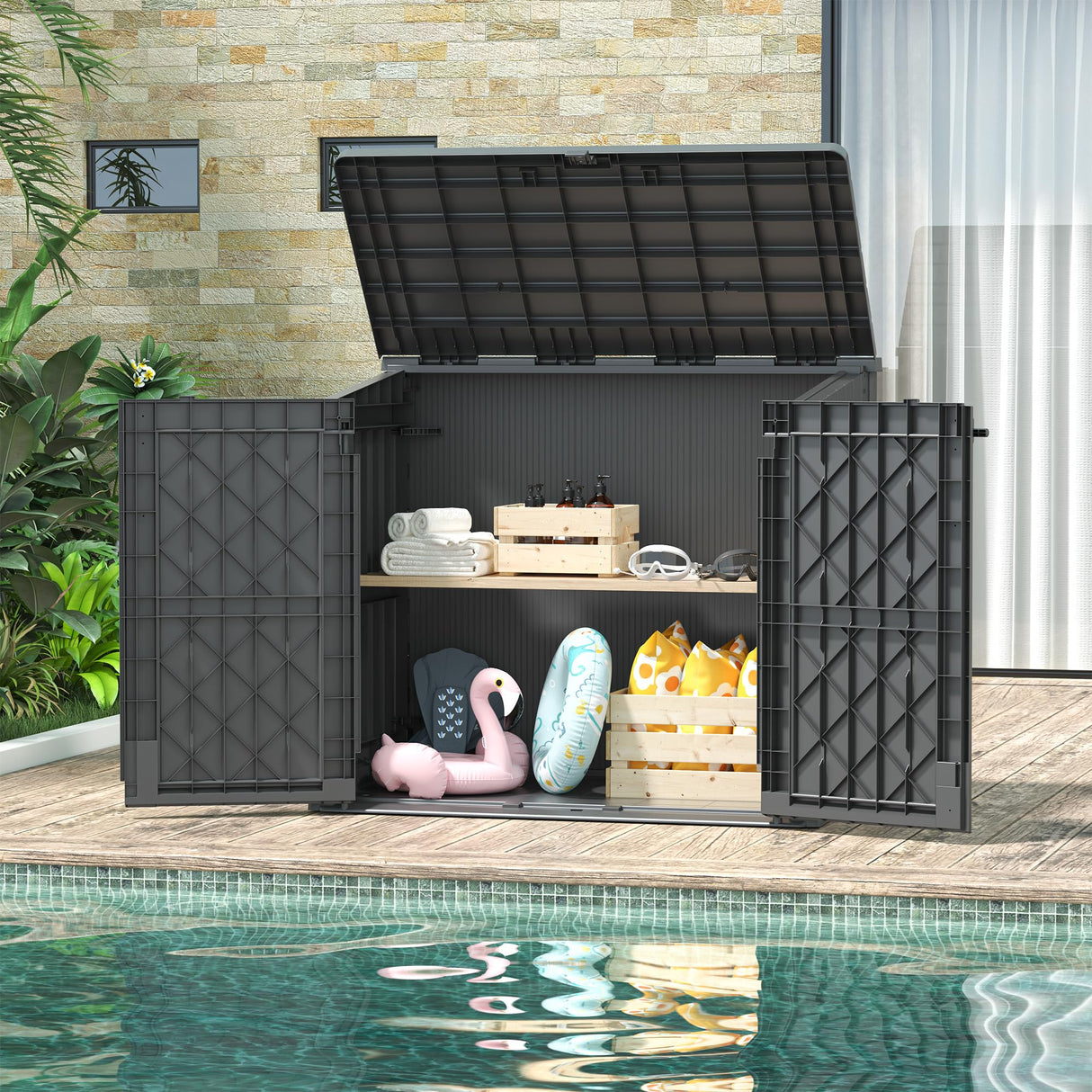 LHBGO Horizontal Storage Shed, Outdoor Resin Storage Shed 36 Cu. Ft. Garden Extra Large Capacity Weather Resistant Storage Box, Lockabl Waterproof Shed for Garbage Cans, Garden Tools,Black LHBGO