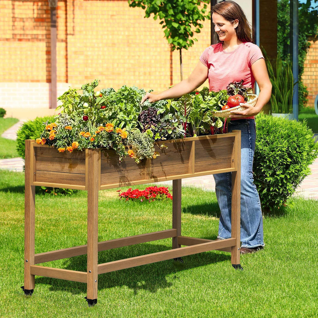 DWVO 47x18x31in Raised Garden Bed, Weather Resistant Poly Wood Planter Box Stand, Planter Box with Legs & Lockable Wheels, Elevated Garden Bed for Backyard Patio Balcony - Brown DWVO