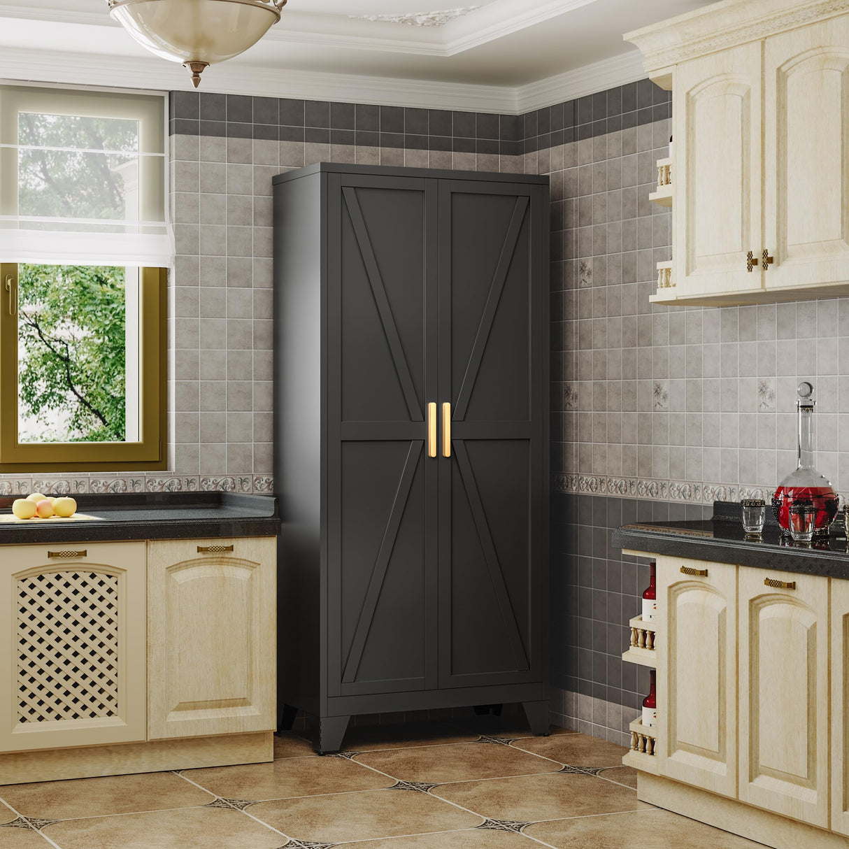 QINPTWUT Large Metal Kitchen Pantry Cabinet with Adjustable Shelves - Freestanding Kitchen Storage Cabinet for Dining Room,Livingroom Bathroom, Hallway, Workshop, Office QINPTWUT