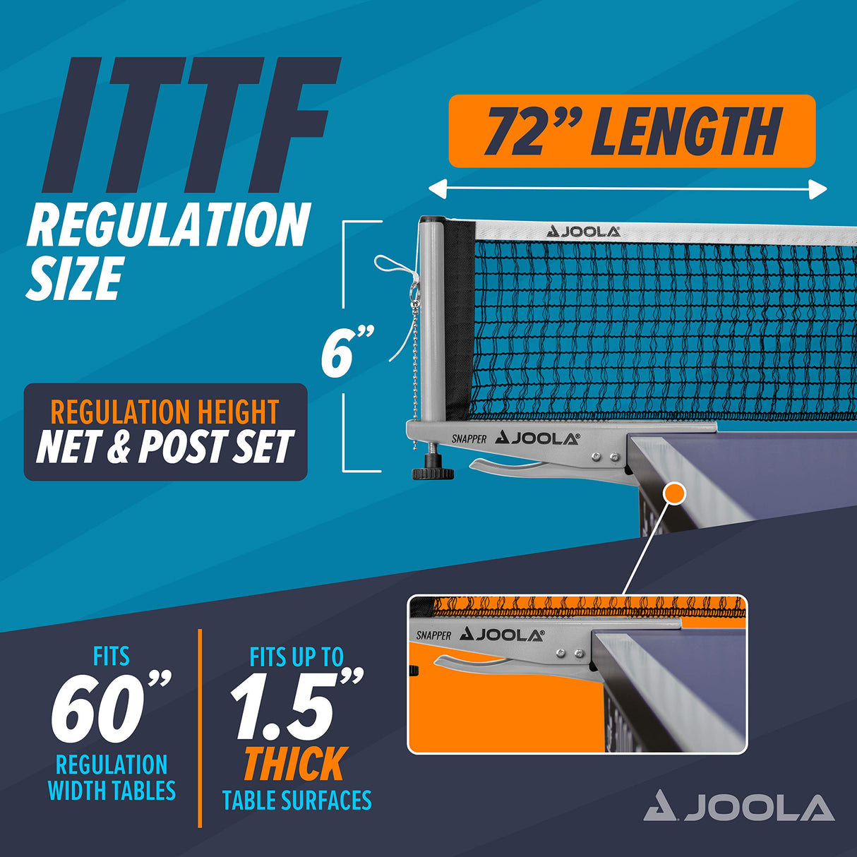 JOOLA Snapper Professional Table Tennis Net and Post Set - Portable and Easy Setup 72" Regulation Size Ping Pong Spring Activated Clamp Net, Silver JOOLA
