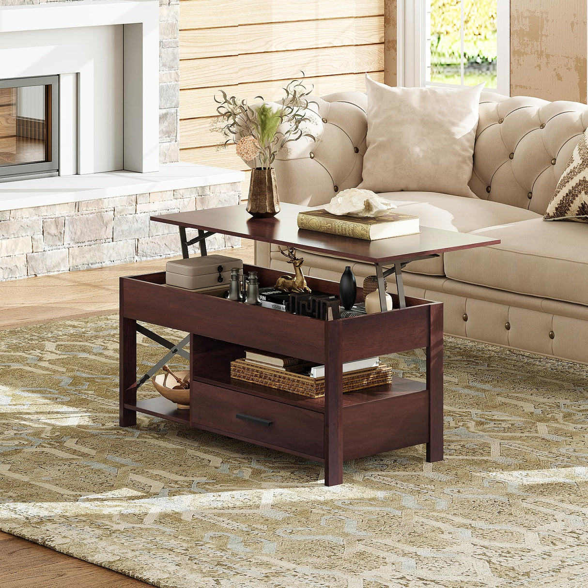 WLIVE Lift Top Coffee Table, 39" Coffee Table with Storage Drawers, Hidden Compartment, Wooden Lift Tabletop Center Table for Living Room, Home, Rustic Oak WLIVE