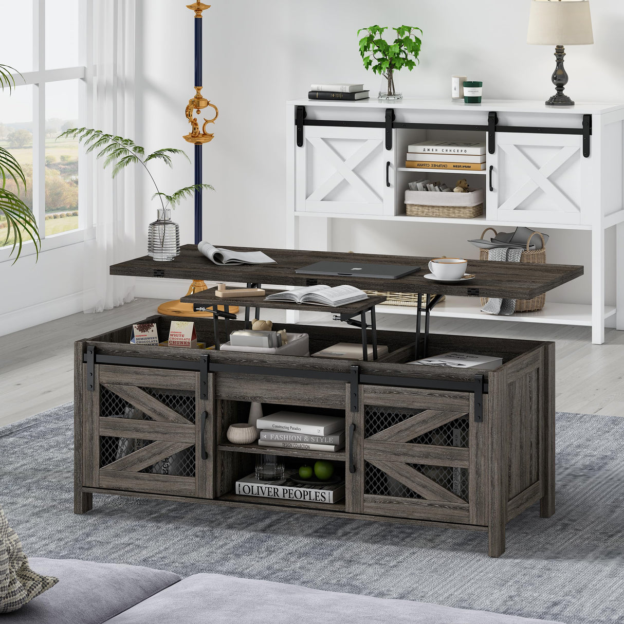 wanan 47.2" Lift Top Coffee Table, 4 in 1 Farmhouse Coffee Table with Sliding Barn Doors, Coffee Tables for Living Room, Dining Room (Grey) wanan
