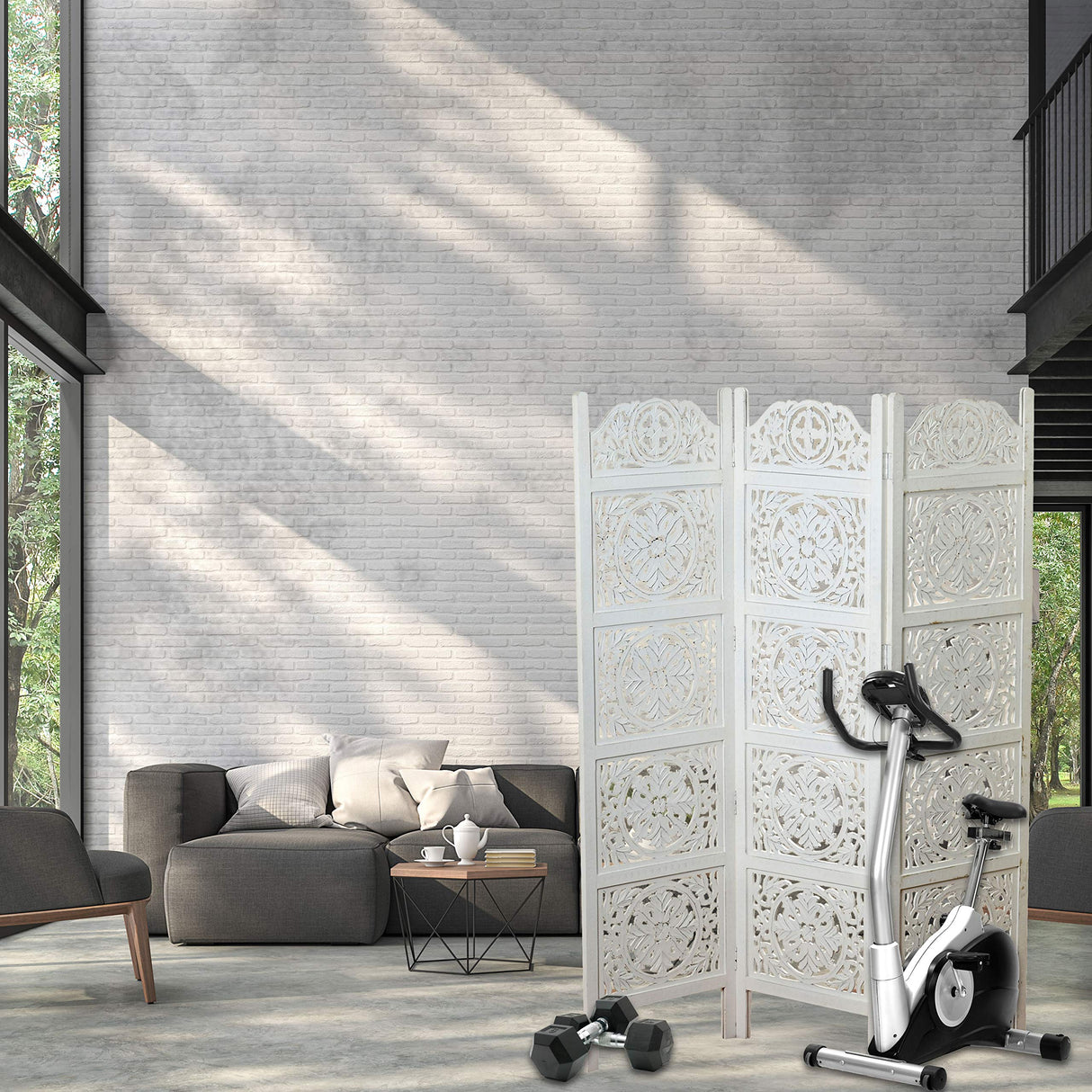 Heritage Home Screen Farmhouse Room Divider, Vintage Style Magnolia Medallions, Handcrafted of Sustainable Mango Wood, Rustic White, Distressed Finish, 6 Ft Tall (72 x 59 inches) by WHW WHW Whole House Worlds