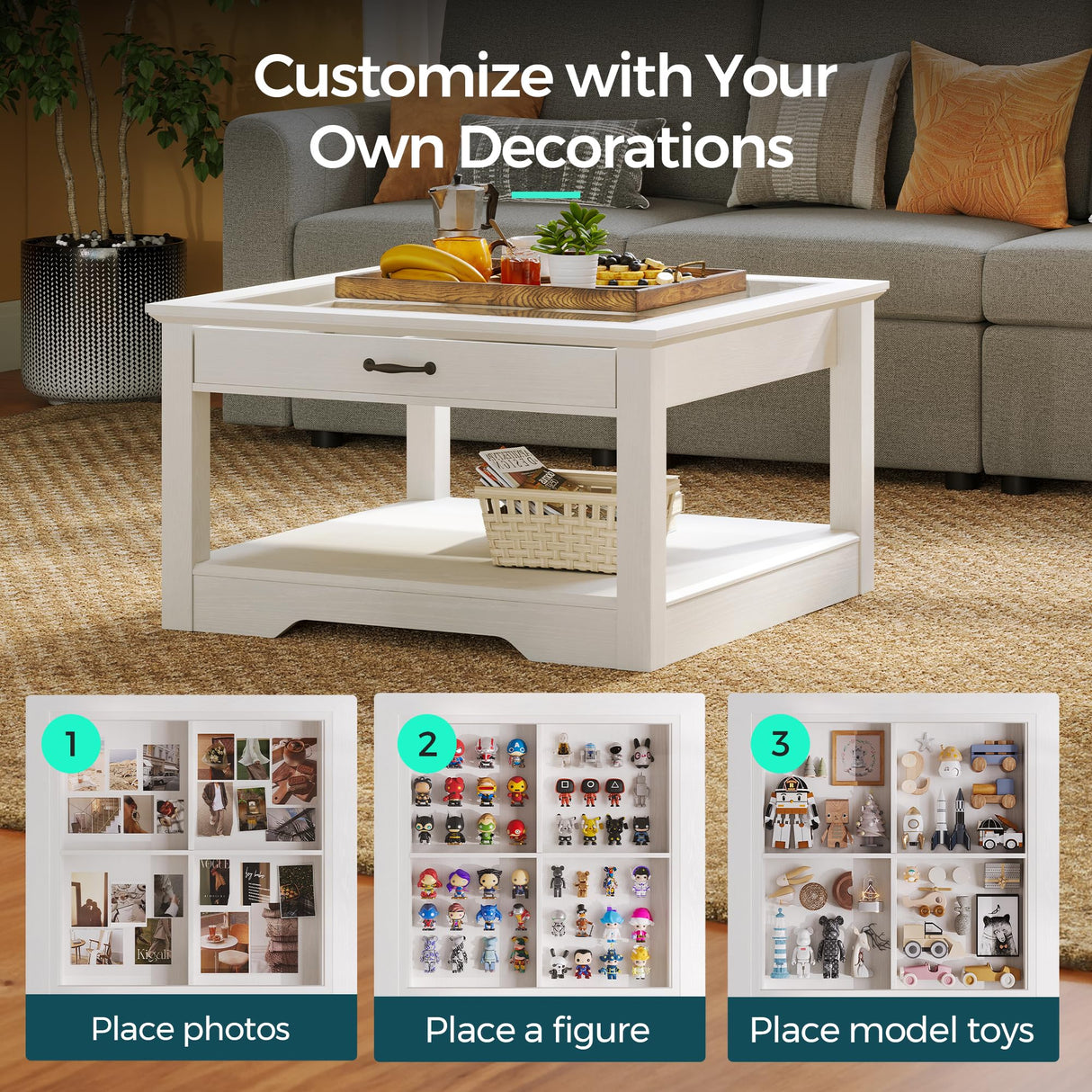 LINSY HOME Coffee Table, 31.5" Square Coffee Table with Glass Tabletop, Open Display Area and Storage Drawer, Modern Farmhouse Center Table for Living Room, White LINSY HOME