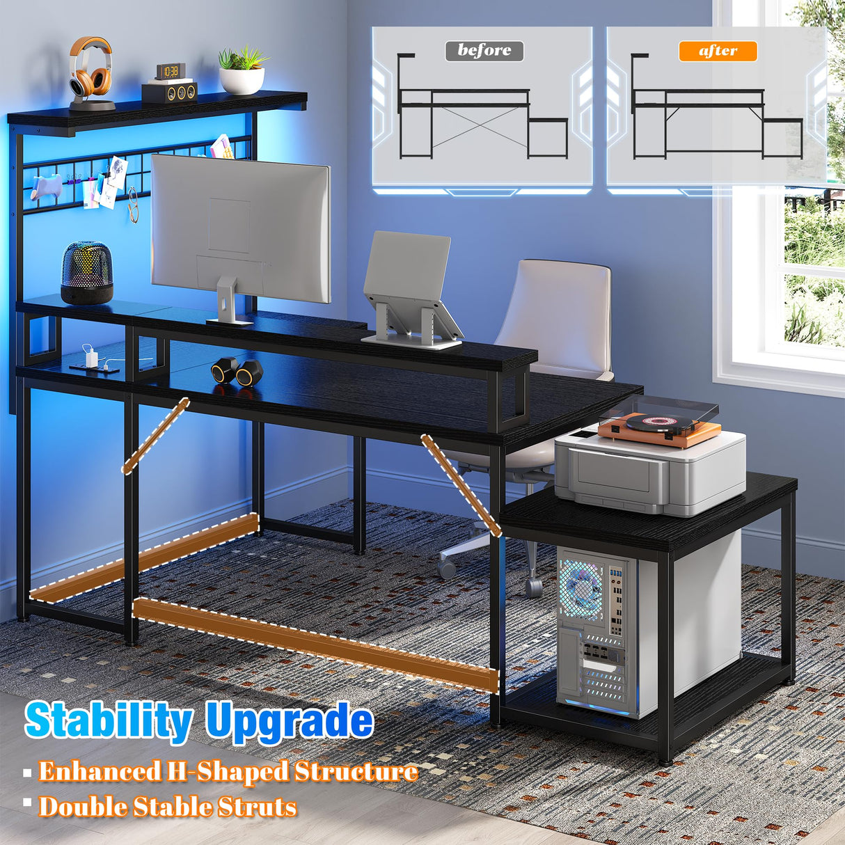 EnHomee L Shaped Gaming Desk with LED 55" Gaming Desk with Power Outlets Reversible L Shaped Desk with Long Monitor Stand & Storage Shelf,Cool Black Desk for Gaming Room,Home Office,Dorm,Black EnHomee