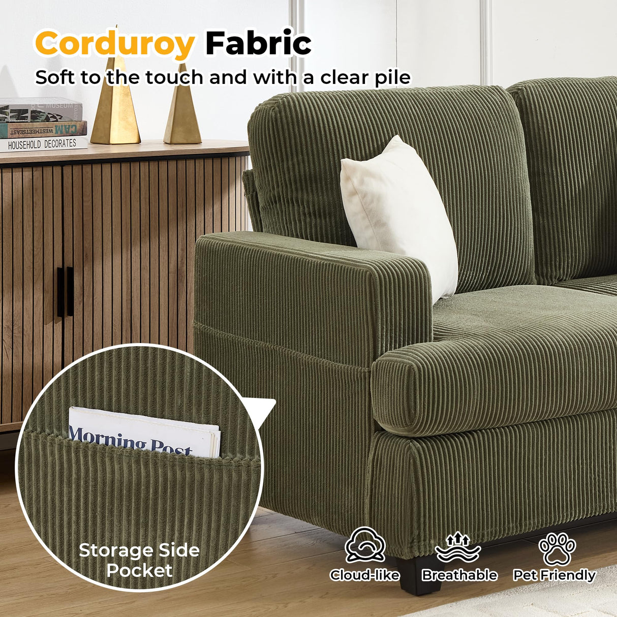 HOMYKA Loveseat Sofa, 60" Corduroy Couch with Side Pocket, Removable Pillow and Cushion Cover 2 seat Couches, Comfy Modern Small Couch for Living Room, Small Spaces, Dorms, Office, Green HOMYKA