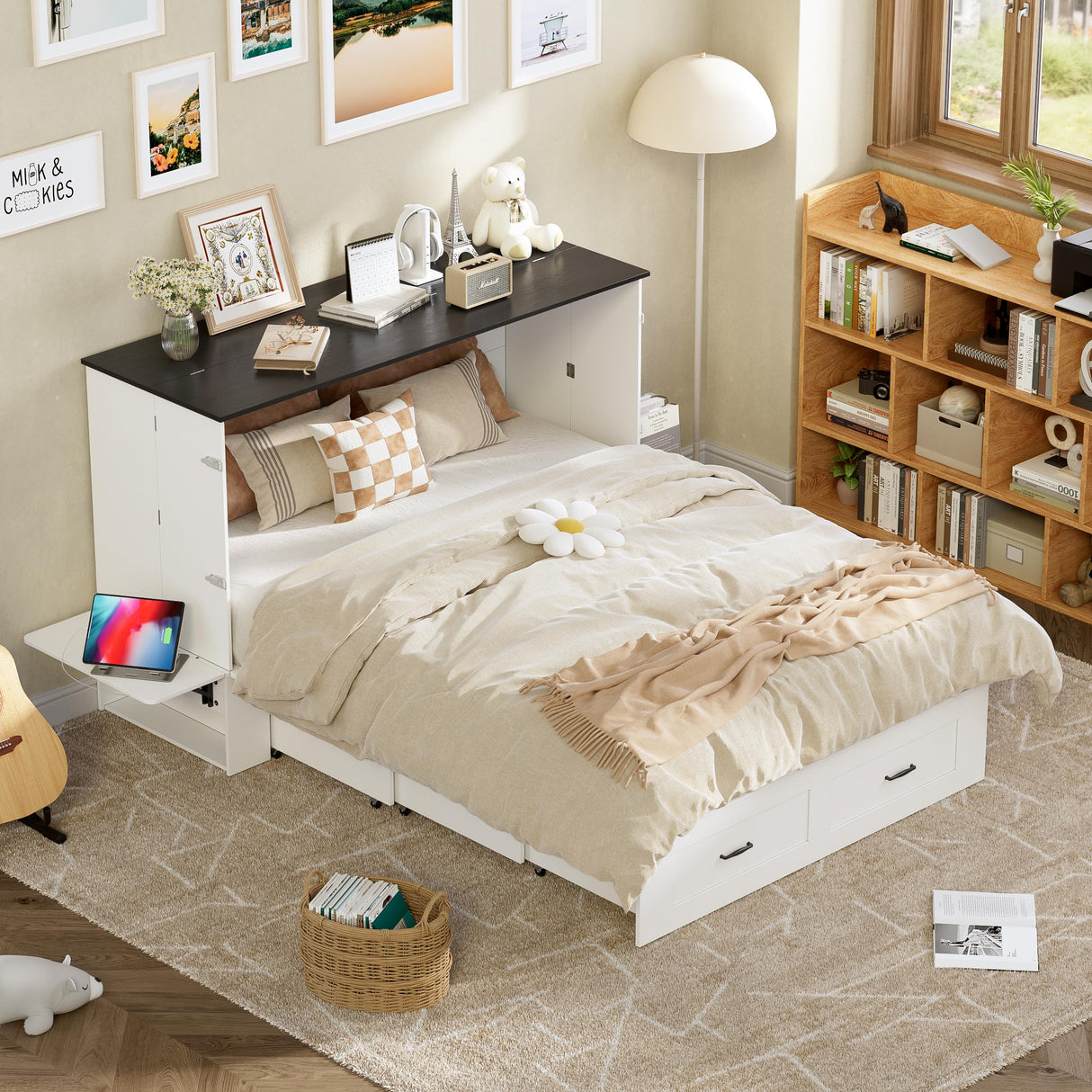 PAKASEPT Queen Murphy Bed - Murphy Cabinet Bed with Storage & Charging Station, Farmhouse Bed Frame with Foldable Panel and Hidden Space, for Living Room, Guest Bedroom PAKASEPT