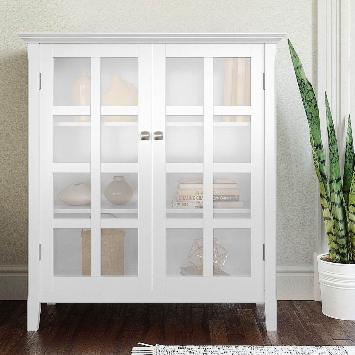 SIMPLIHOME Acadian SOLID WOOD 39 inch Wide Transitional Medium Storage Cabinet in White, with 2 Tempered Glass Doors, 4 Adjustable Shelves SIMPLIHOME