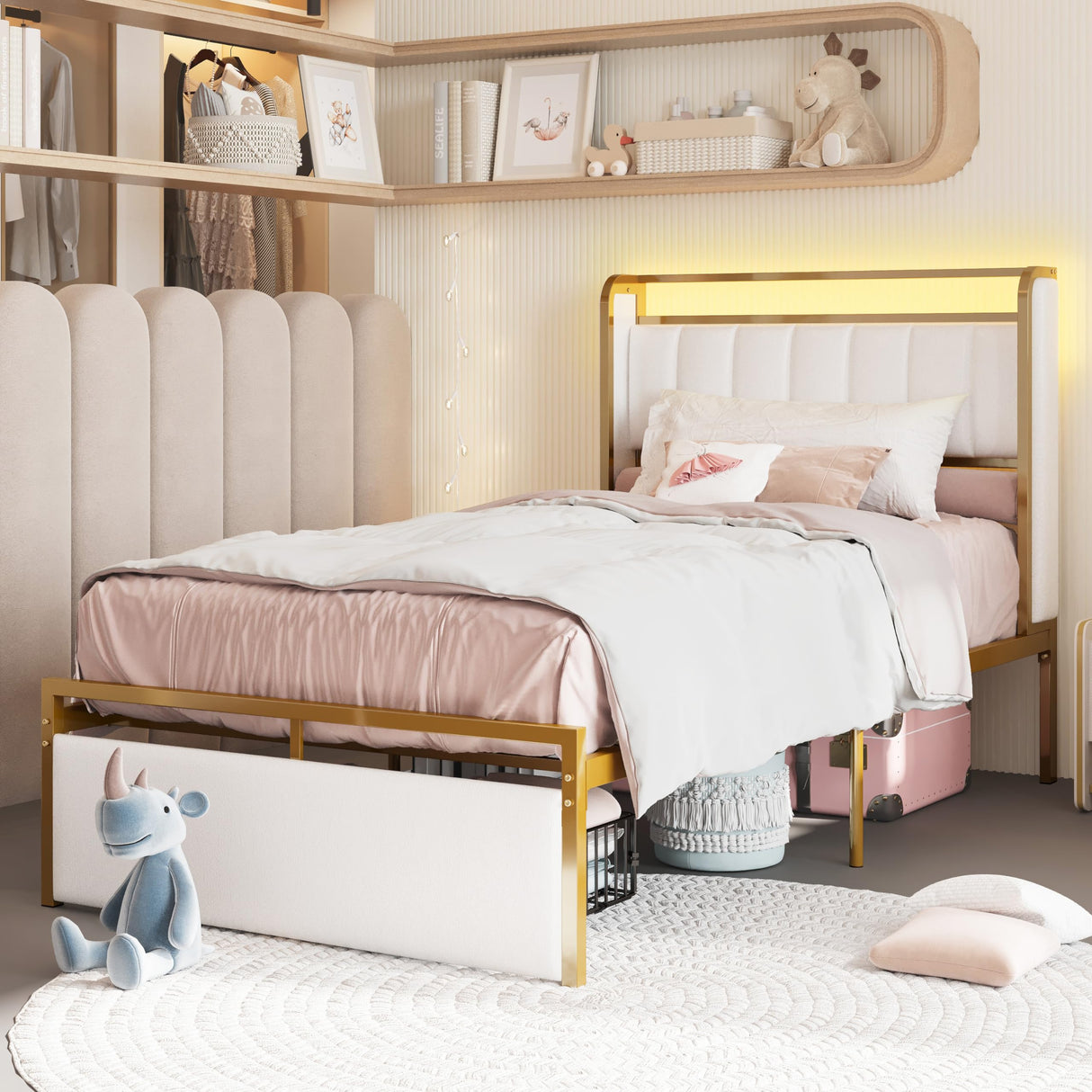 LIKIMIO Twin Size Bed Frame with Armrests Headboard & RGB Light, Upholstered Twin Size Bed Platform with Drawers, No Box Spring Needed, Study & No Noise, Modern Gold and White LIKIMIO