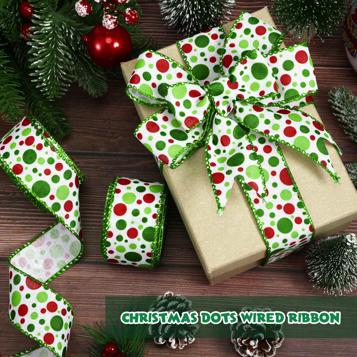 Hanaive 20 Yards Christmas Polka Dot Ribbon Xmas Wired Ribbon Christmas Tree Ribbons Decoration Green Red Polka Dot Printed Christmas Ribbons DIY Decorative for Wreaths Gifts Wrapping (1.5 Inch) Hanaive