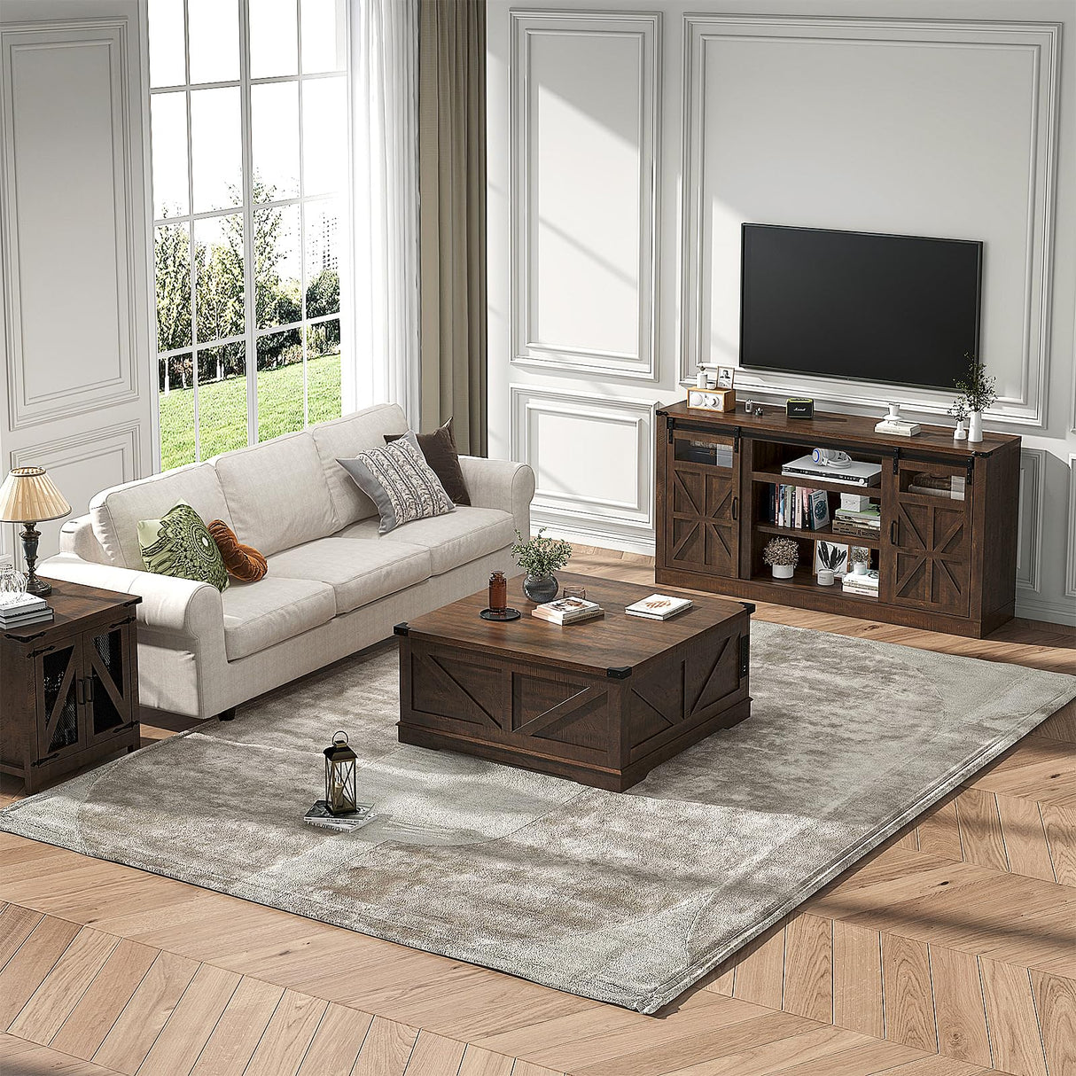 Hlivelood 66" Farmhouse TV Stand with Power Outlets for 75 65 Inch TVs, Entertainment Center with Sliding Barn Door & Large Storage Cabinets w/Adjustable Shelf, 33" Tall TV Media Console, Brown Hlivelood