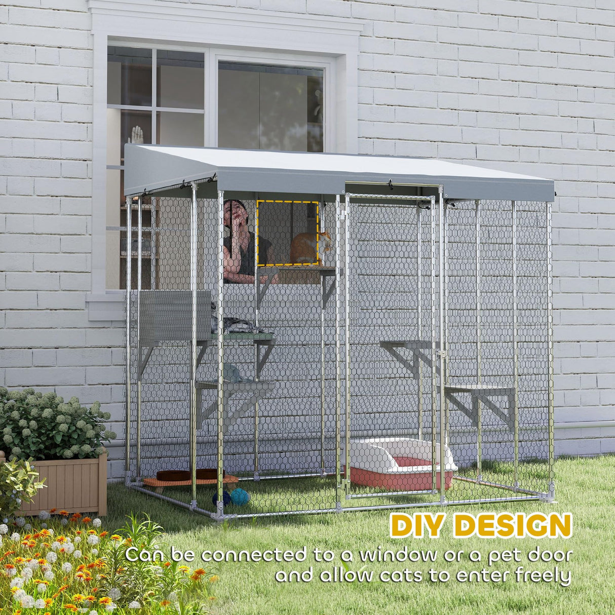 PawHut 79" Large Catio Outdoor Cat Enclosure, Galvanized Steel Outdoor Cat House with 420D Waterproof Canopy for 1-3 Large Cat, Walk-in Cat Cage with Sleeping Box, Jumping Platforms, Silver PawHut