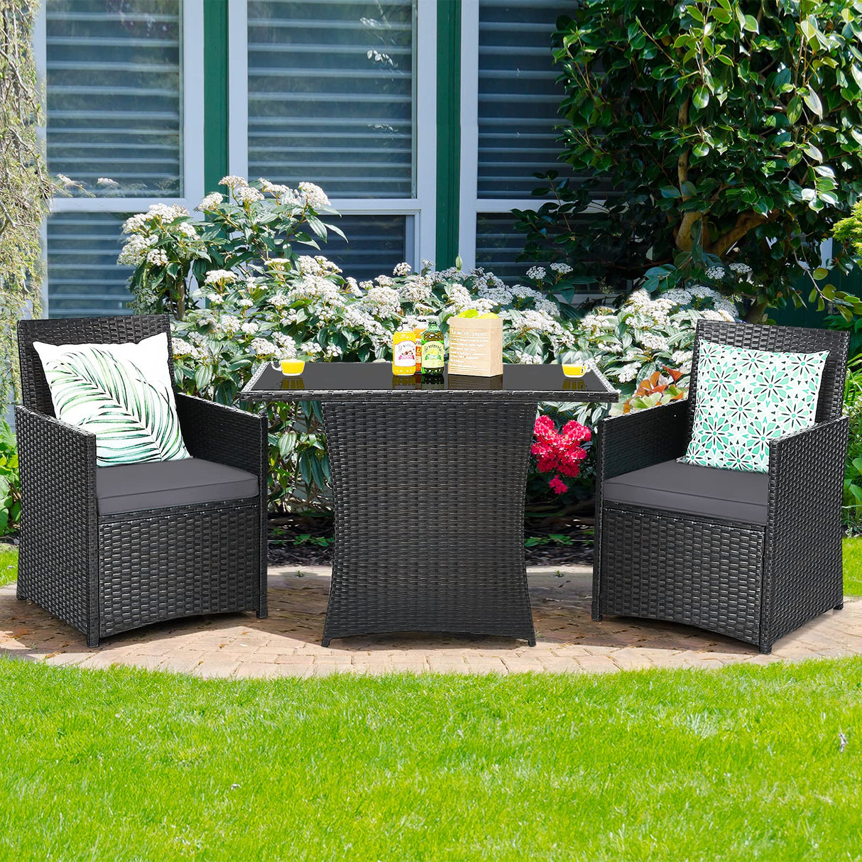 COSTWAY 3PCS Patio Rattan Furniture Set Cushion Sofa Armrest Garden Deck Gray COSTWAY